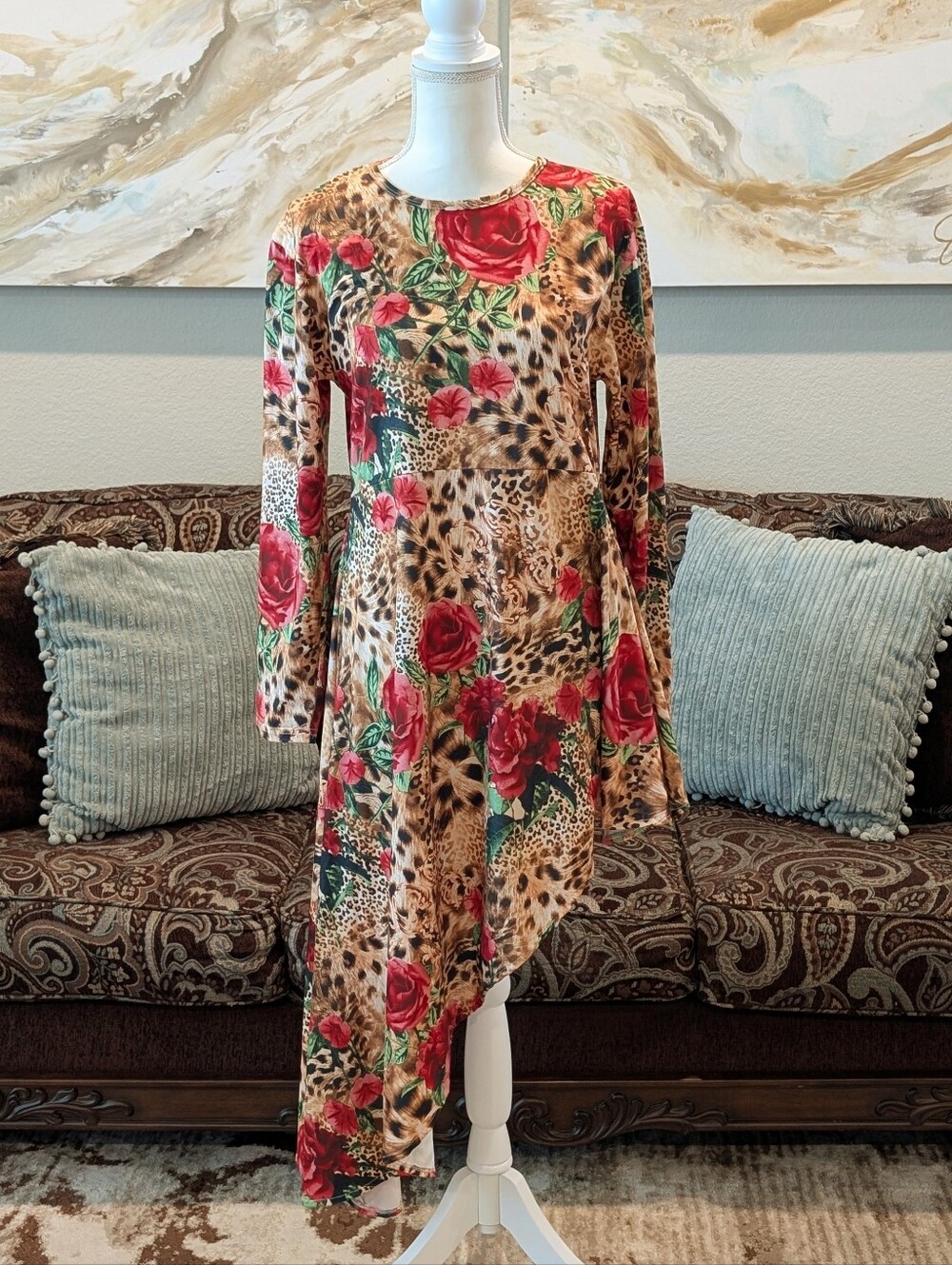 Asymmetrical Floral & Leopard Print Tunic Dress